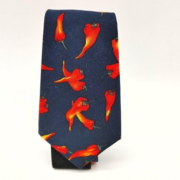 Mens Navy Blue Handmade Chili Pepper Print Formal Pointed Neck Tie Size 62x4 In - Picture 4 of 6